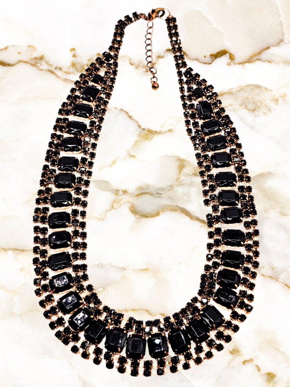 Black Rhinestone Statement Bib Necklace Gold Tone Cocktail Glam Crystal Collar